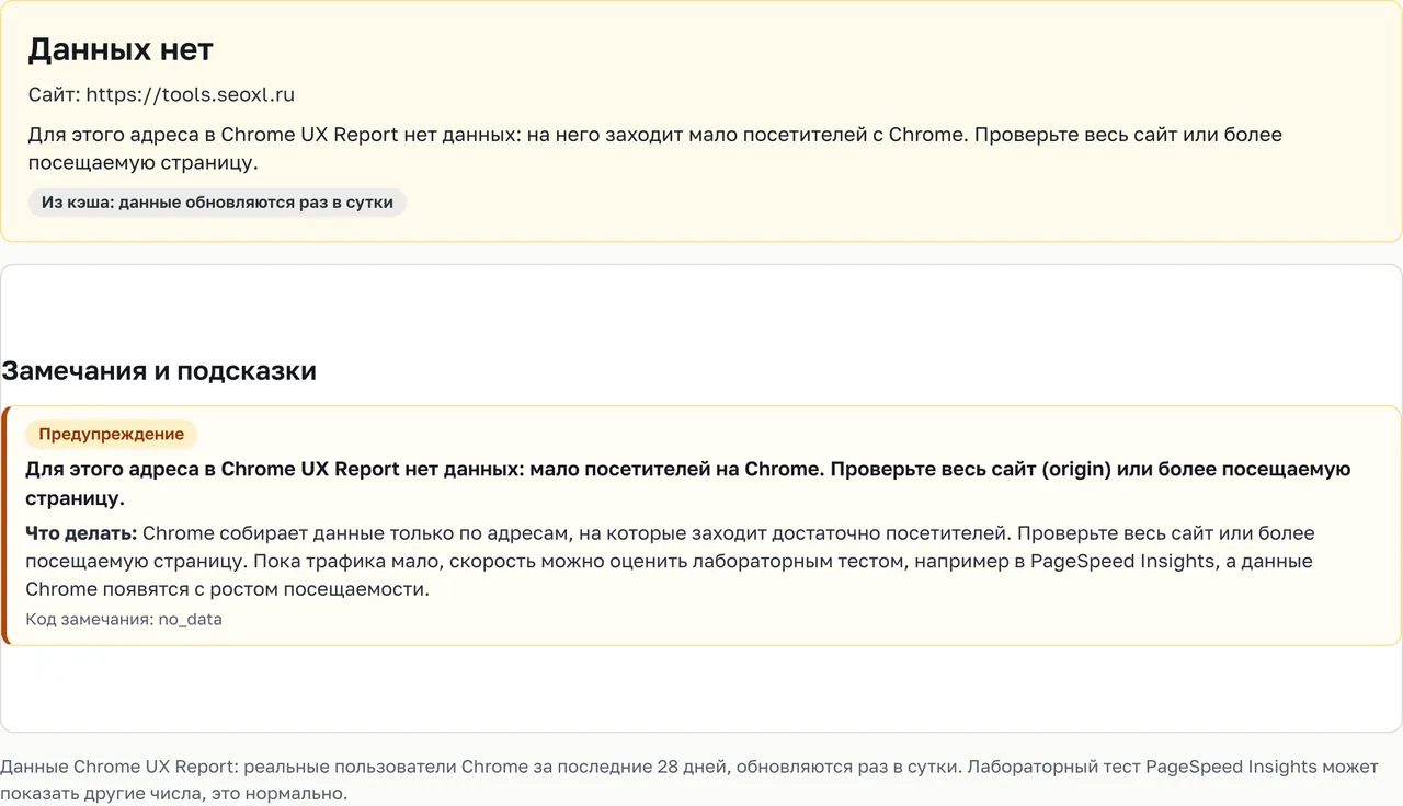 Результат проверки Core Web Vitals для tools.seoxl.ru: вердикт «Данных нет» и предупреждение о малом числе посетителей Chrome